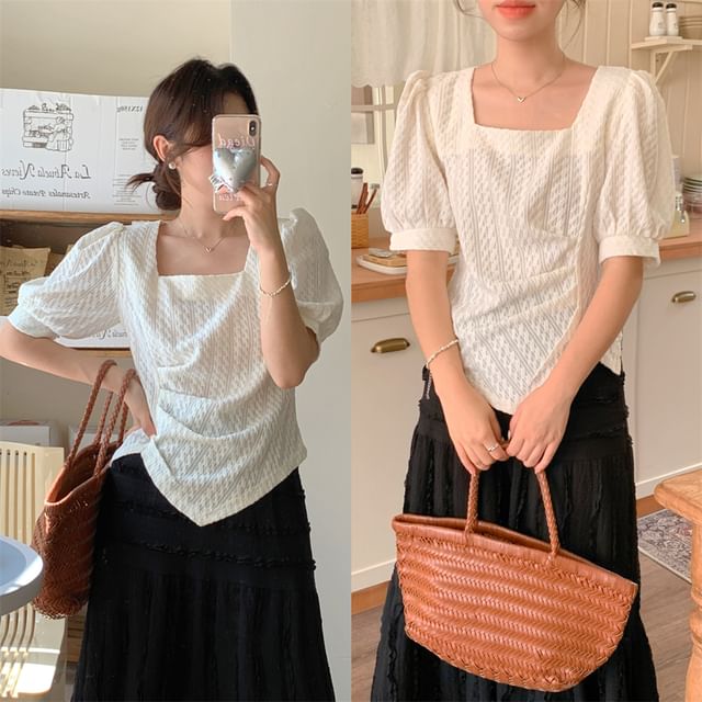 Dute-Puff Sleeve Square Neck Plain Ruched Top Elastic Waist Plain Frill Panel Maxi A-Line Skirt