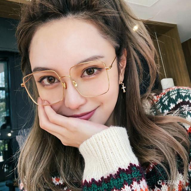 Aisyi-Oversized Square Metal Frame Eyeglasses