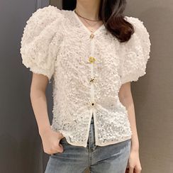 Areumdaun - Puff-Sleeve Floral Embroidered Chiffon Blouse