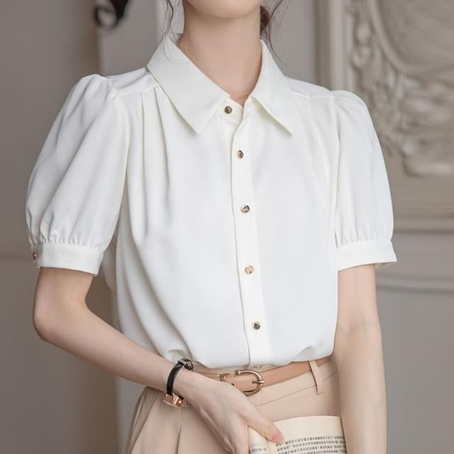 Lewwe-Short-Sleeve Collared Plain Shirt
