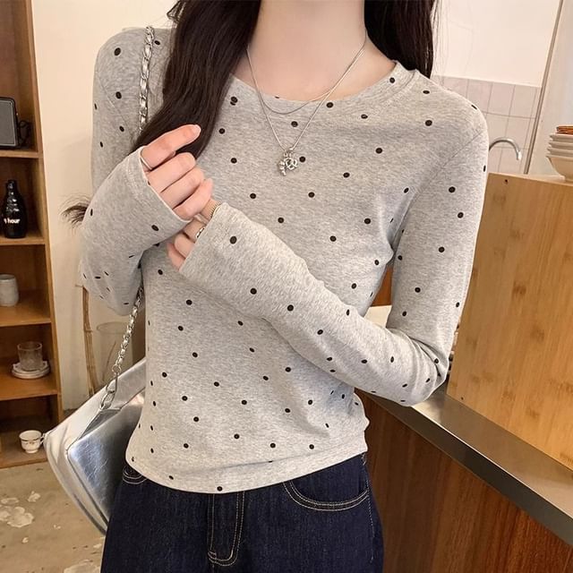 Sienne-Long-Sleeve Round Neck Dotted Tee