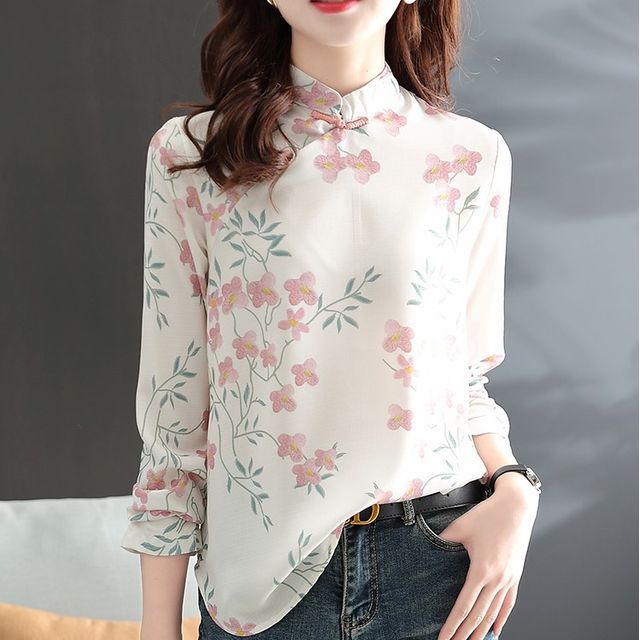 Catamin Long-Sleeve Mandarin Collar Floral Print Blouse YesStyle