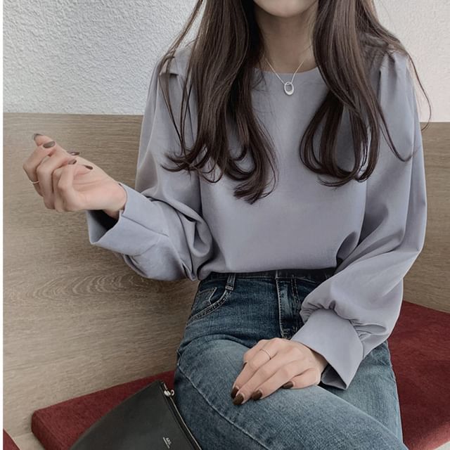 MIKIGA-Long-Sleeve Plain Blouse