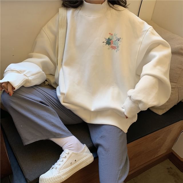 Juku Girls - Printed Oversized Mock-Neck Sweatshirt | YesStyle