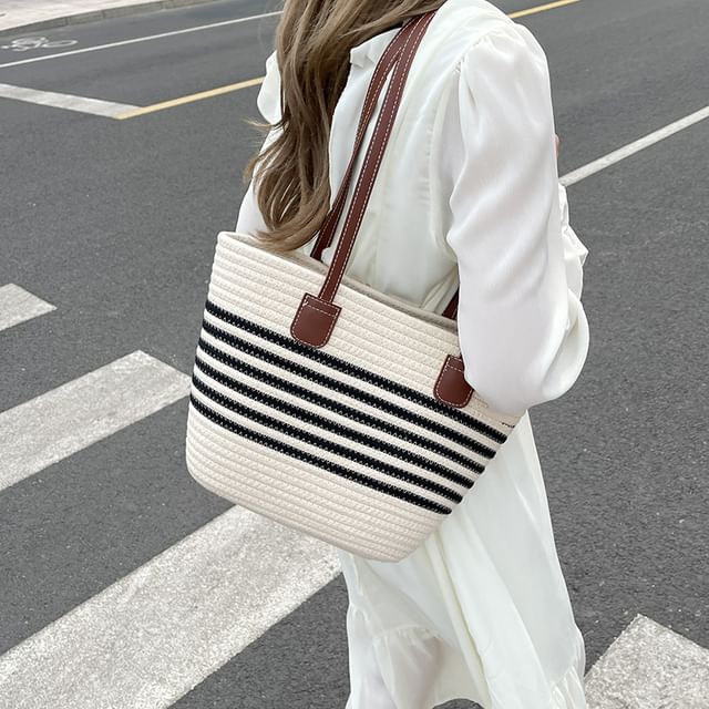 Maorong-Striped Structured Straw Tote Bag