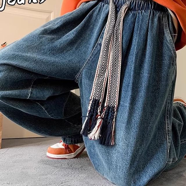 emeisa-Drawstring Waist Washed Straight Leg Jeans
