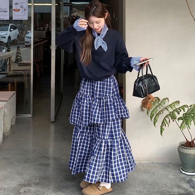 Porstina-Round Neck Mock Two-Piece Plaid Panel Pullover High Waist Ruffle Panel Maxi A-Line Skirt Scarf Set