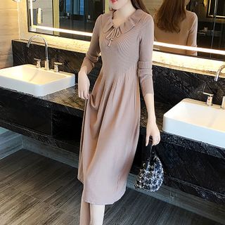 Chetos - Long-Sleeve Collared Midi A-Line Knit Dress | YesStyle