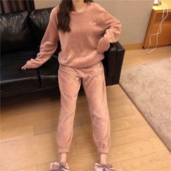 Hareonna - Pajama Set: Long-Sleeve Letter Embroidered Furry Top + Pants Hareonna - Pajama Set: Long-Sleeve Letter Embroidered Furry Top + Pants