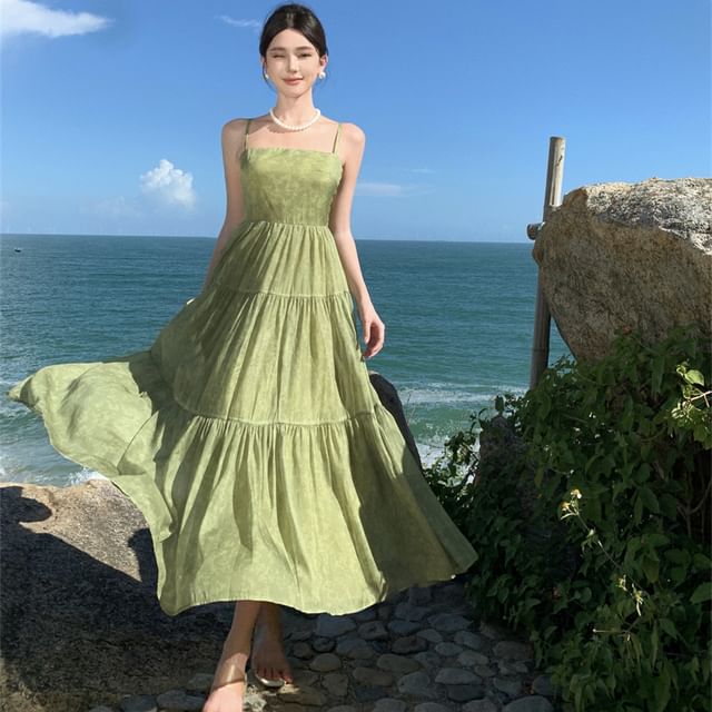 chinese dress ladies Unique Printed Spaghetti Strap Square Neck Casual Holiday Maxi Dress, Multicolor / S
