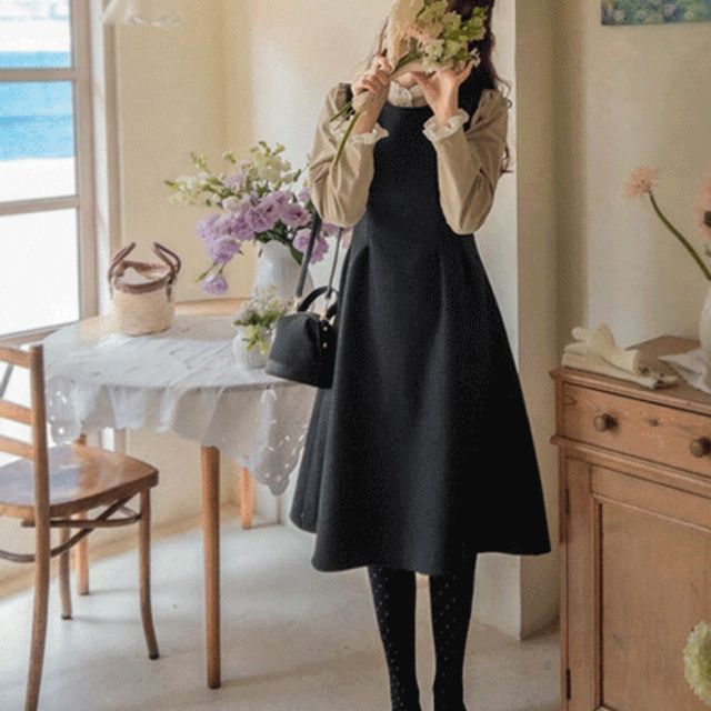 LEELIN - Tuck-Waist Woolen Midi Dungaree Dress | YesStyle LEELIN - Tuck-Waist Woolen Midi Dungaree Dress | YesStyle