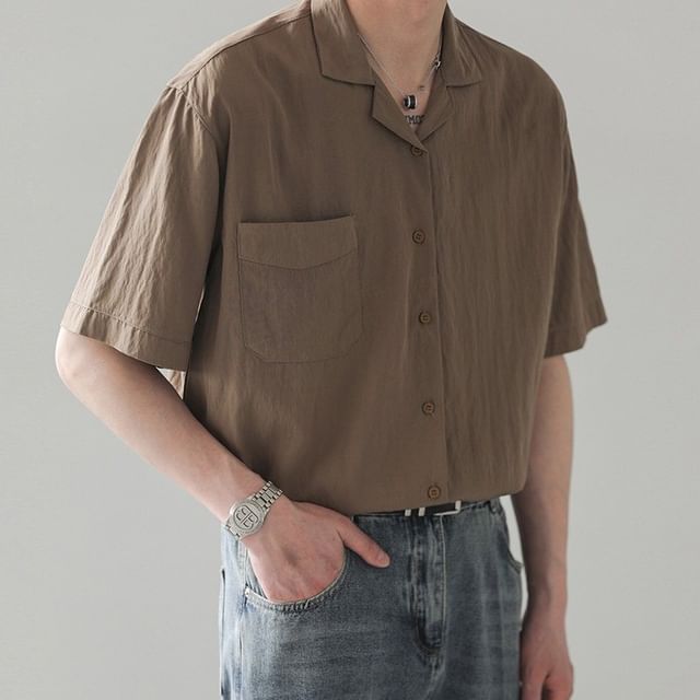 GRAYCIOUS-Short Sleeve Collared Plain Shirt