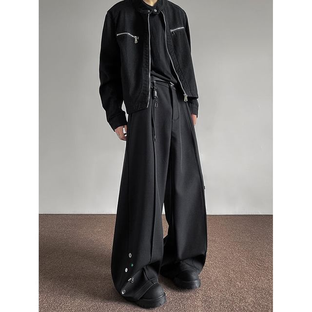 Ninine-Mid Rise Plain Button Accent Wide Leg Pants