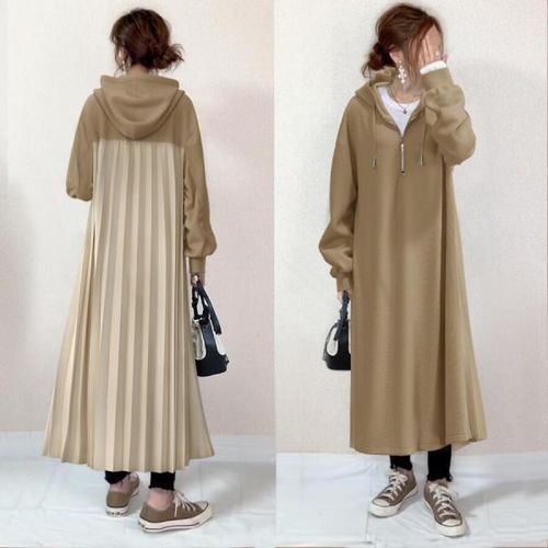 INEN Long Sleeve Plain Accordion Pleat Panel Midi Hoodie Dress YesStyle