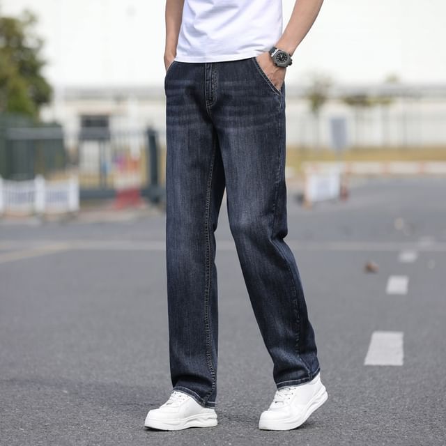 Denimic-Mid Rise Washed Straight Leg Jeans