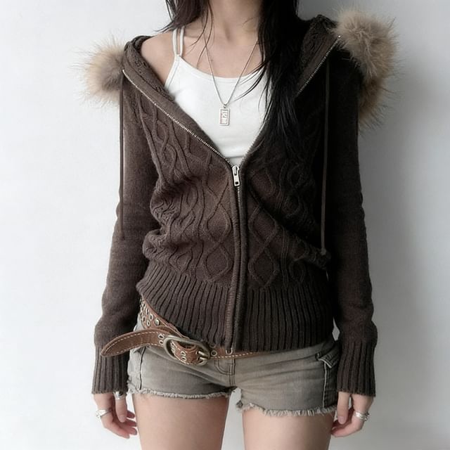 Trisica Long Sleeve Plain Calbe-Knit Fluffy Hooded Zip-Up