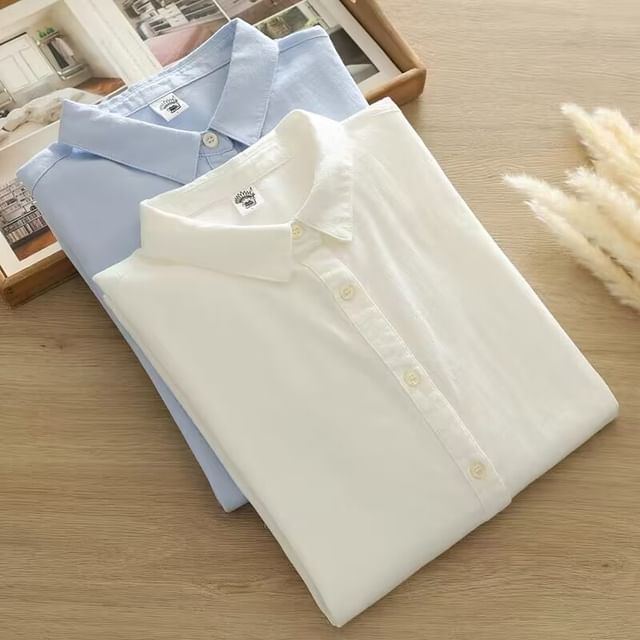 PANDAGO-Long Sleeve Collared Plain Button Shirt