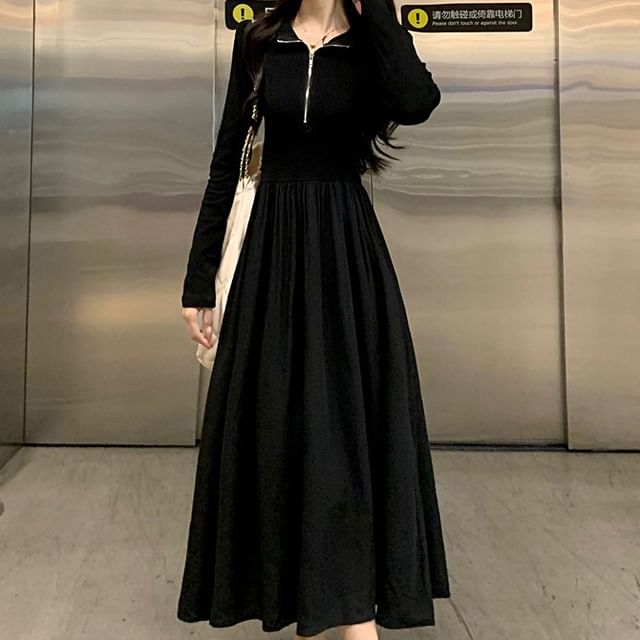 Cloud Nine-Long-Sleeve Half Zip Plain Maxi A-Line Dress