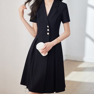 Skyheart Short-Sleeve Lapel Collar Plain Pleated Buttoned A-Line Blazer Dress Sale