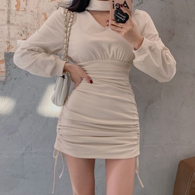 Cloud Nine-Long-Sleeve Choker-Neck Plain Drawstring Mini Bodycon Dress