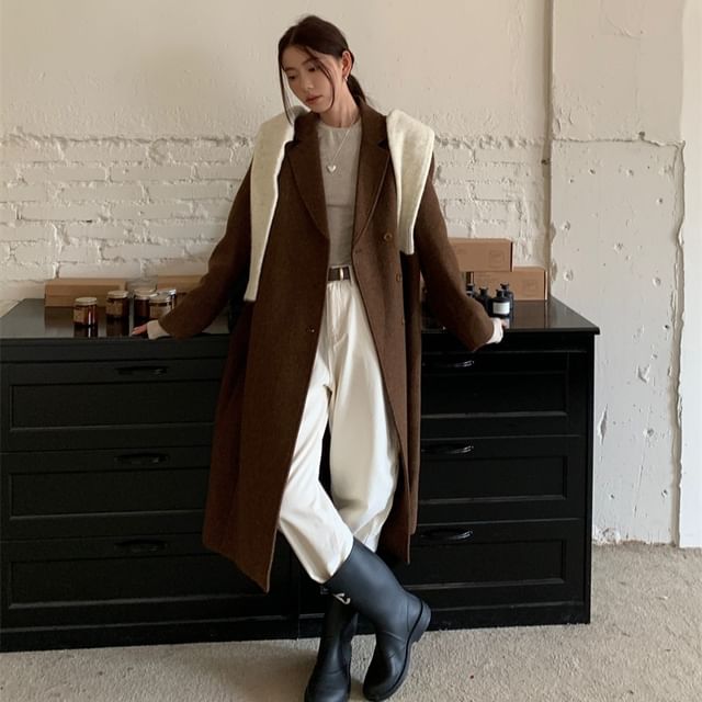 Beem-Lapel Collar Plain Double Breasted Long Coat
