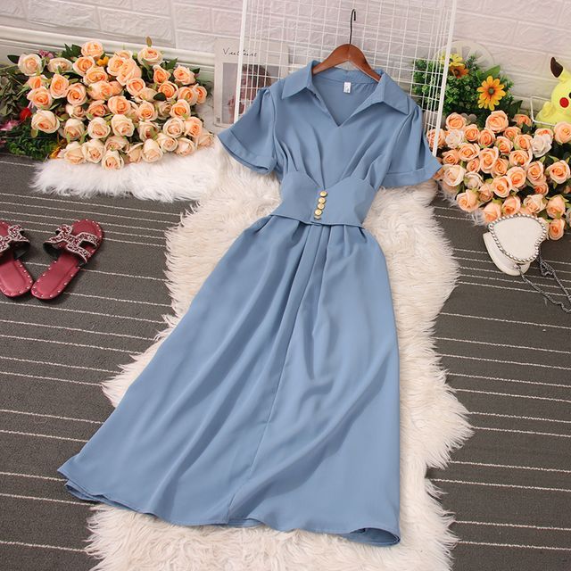 Knutsford Set ShortSleeve Collar Plain Midi ALine Dress + Corset