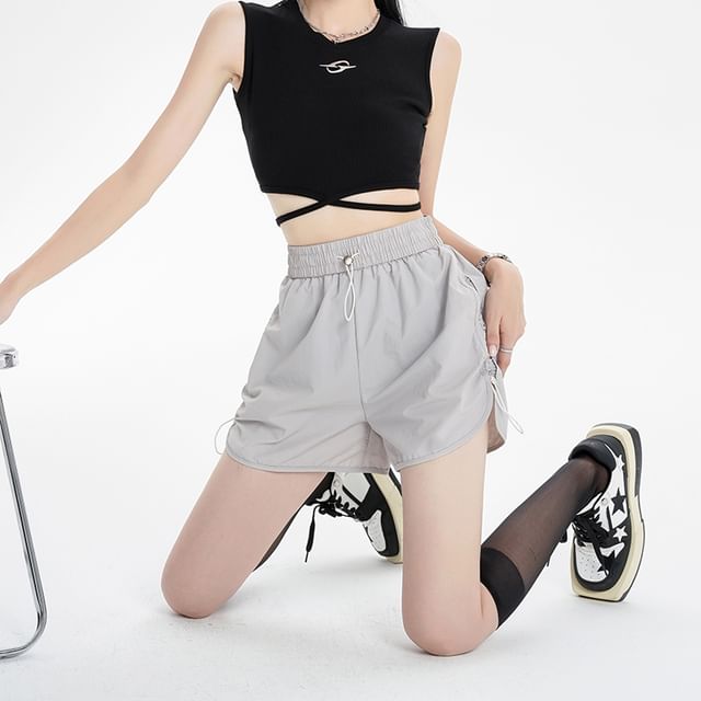 Porstina-Drawstring Waist Plain Shorts