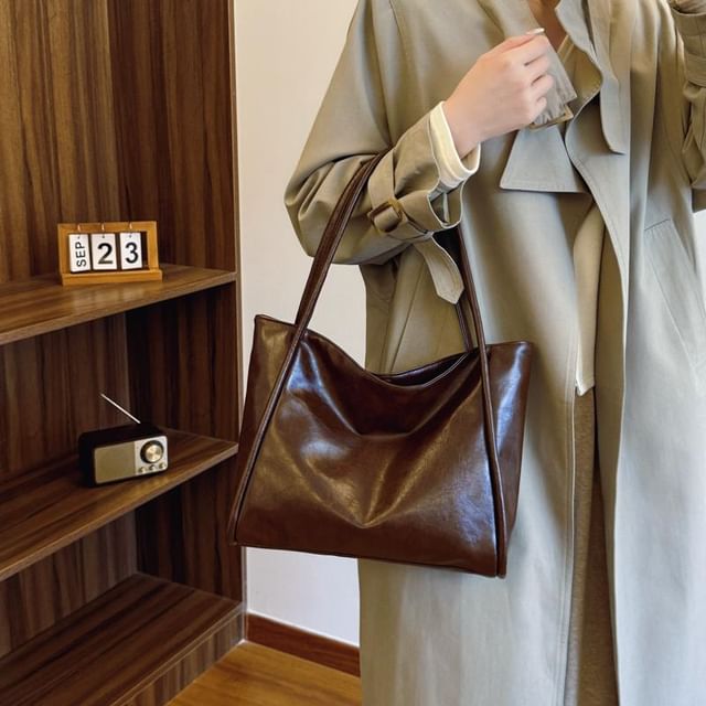 Indenis-Plain Faux Leather Tote Bag