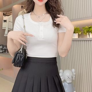 Woohan-Short-Sleeve Henley Plain T-Shirt