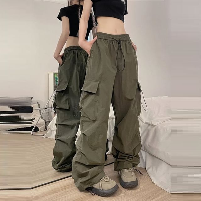 Bay Go Mall-Mid Waist Plain Drawstring Baggy Cargo Pants