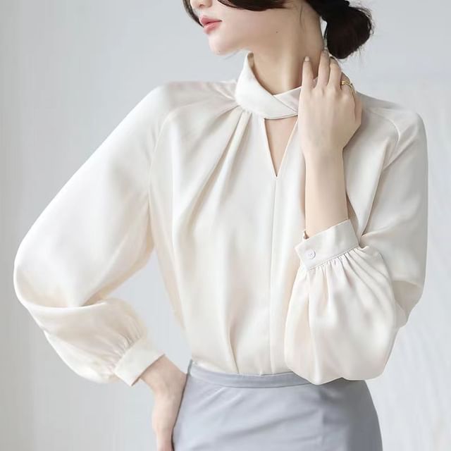 Everose-Long-Sleeve Stand Collar Plain Keyhole Ruched Blouse