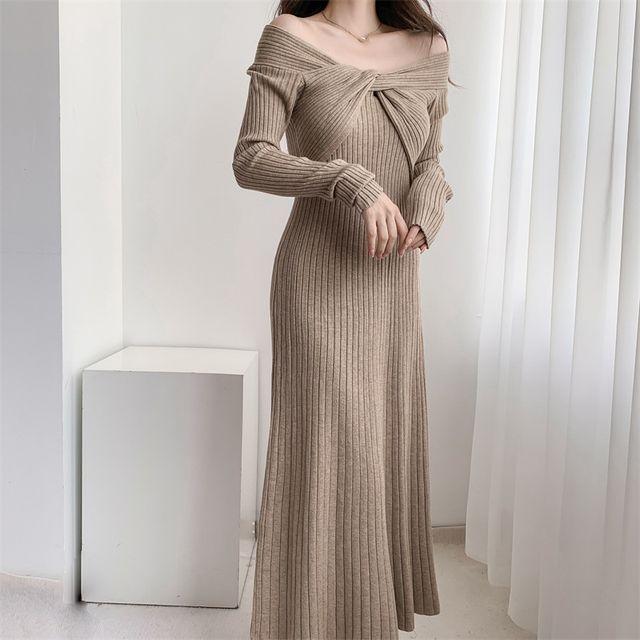 SEPH - Long-Sleeve Off-Shoulder Plain Knot Midi A-Line Knit Dress | YesStyle
