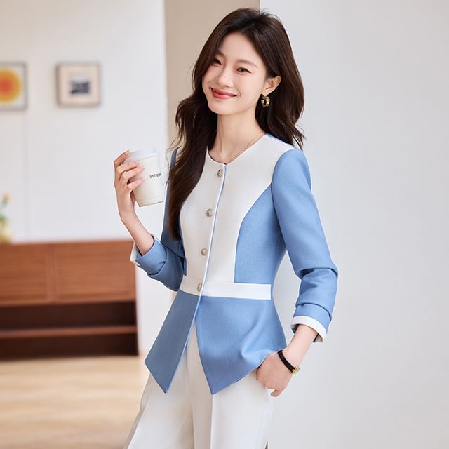 Princess Min-Crew Neck Two Tone Single Breasted Jacket Mid Waist Plain Flared Slacks
