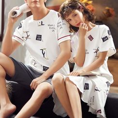 PJ Party - Couple Matching Pajama Set: Cartoon Print Short-Sleeve T-Shirt + Shorts / Short-Sleeve Dress