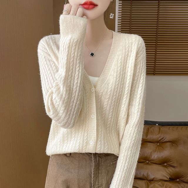 Weelop-V-Neck Plain Cable Knitted Cardigan