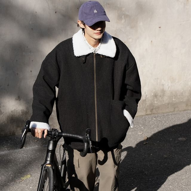 YERGO-Lapel Collar Plain Zip Oversized Jacket