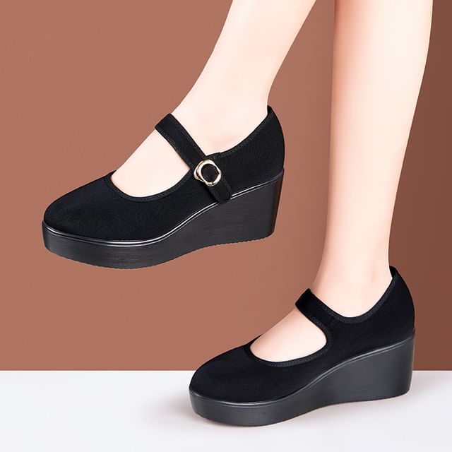 Freesia-Plain Platform Wedge Heel Mary Jane Shoes