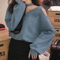 Shinsei - Cutout Long-Sleeve Sweatshirt / Draped Mini Wrap Skirt Shinsei - Cutout Long-Sleeve Sweatshirt / Draped Mini Wrap Skirt