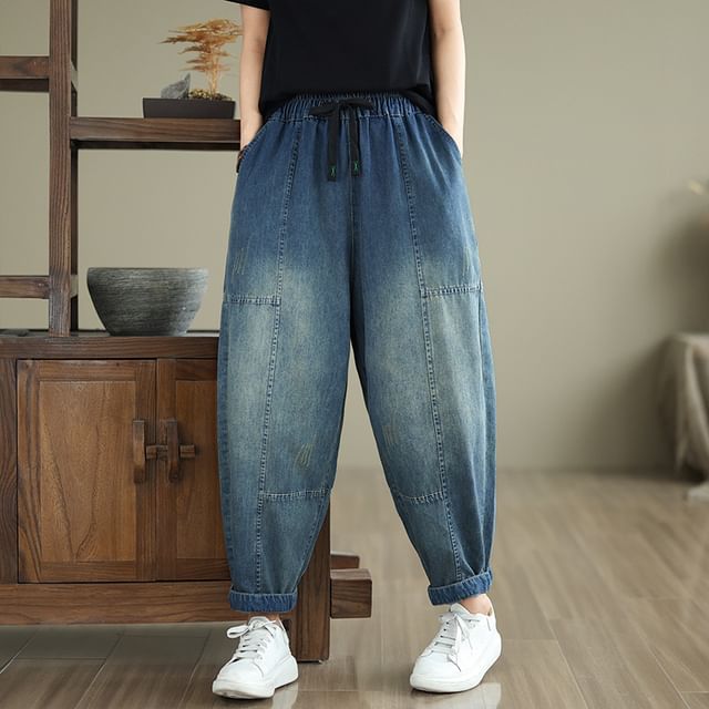 Lewwe-Drawstring Waist Washed Cropped Baggy Jeans