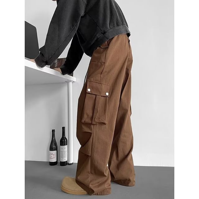 Real Boy-Mid Rise Plain Wide Leg Cargo Pants