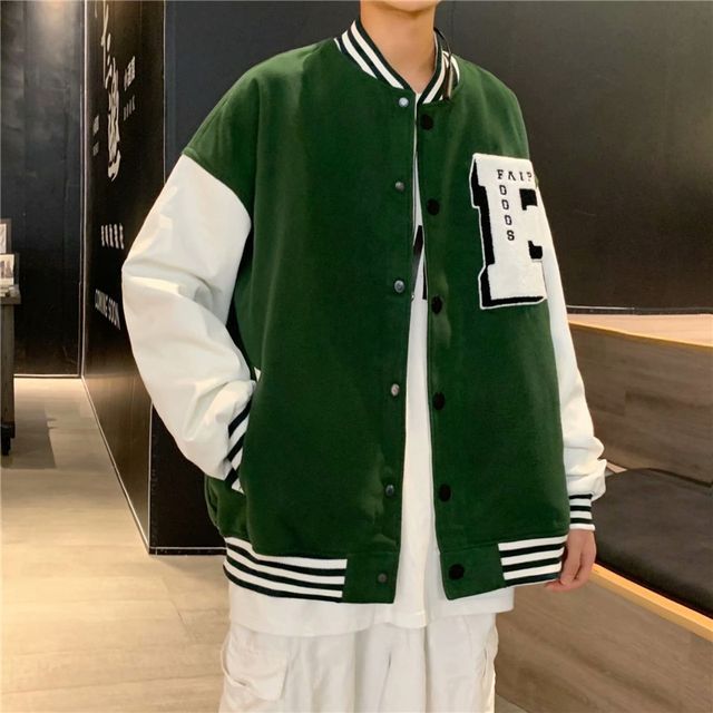 Deepwood Letter Embroidered Two-Tone Baseball Jacket Green 2XL