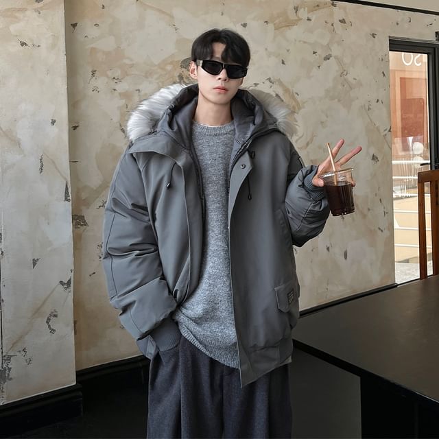 Freehop-Hooded Plain Zip Puffer Jacket