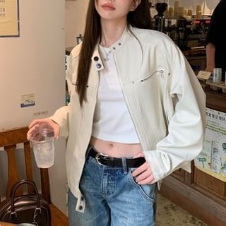 Trendycas-Band Collar Plain Panel Zip Jacket