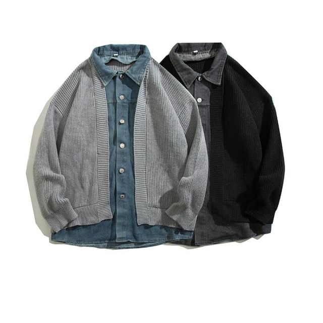 Yelmenor-Mock Two-Piece Collar Denim Panel Ribbed Cardigan
