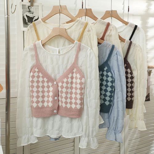 Lemongrass - Set: Argyle Button-Up Crop Vest + Sheer Loose T-Shirt