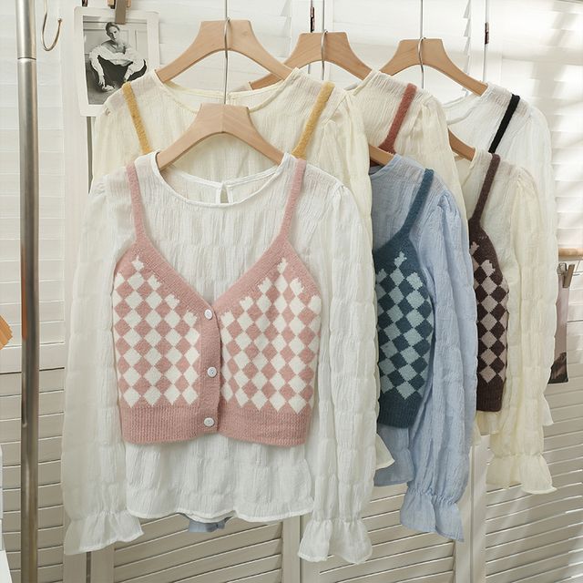 Lemongrass - Set: Argyle Button-Up Crop Vest + Sheer Loose T