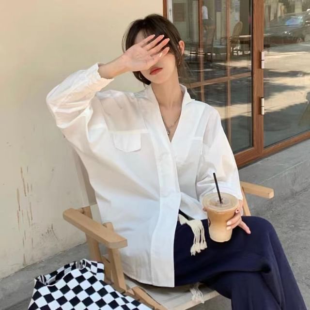 Everose-Long-Sleeve V-Neck Collared Plain Oversized Shirt