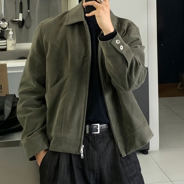 Okwano-Collared Plain Faux Suede Zip Jacket