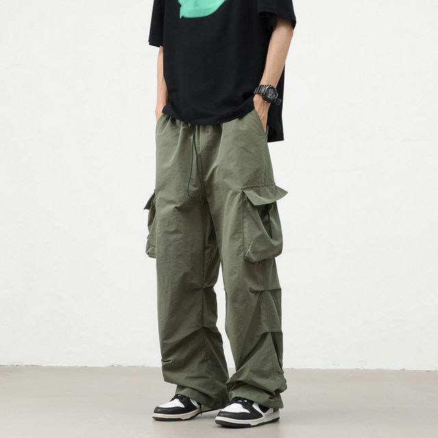 Filmas - Drawstring Waist Plain Straight Leg Cargo Parachute Pants