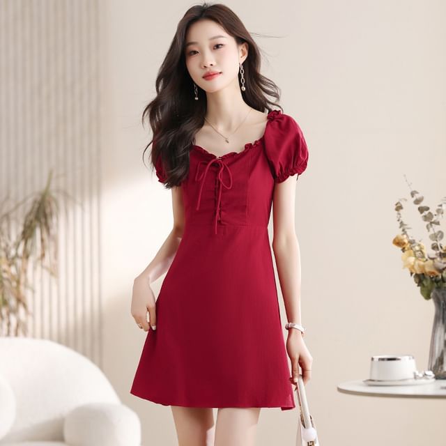 Sienne-Short-Sleeve Plain Mini A-Line Dress